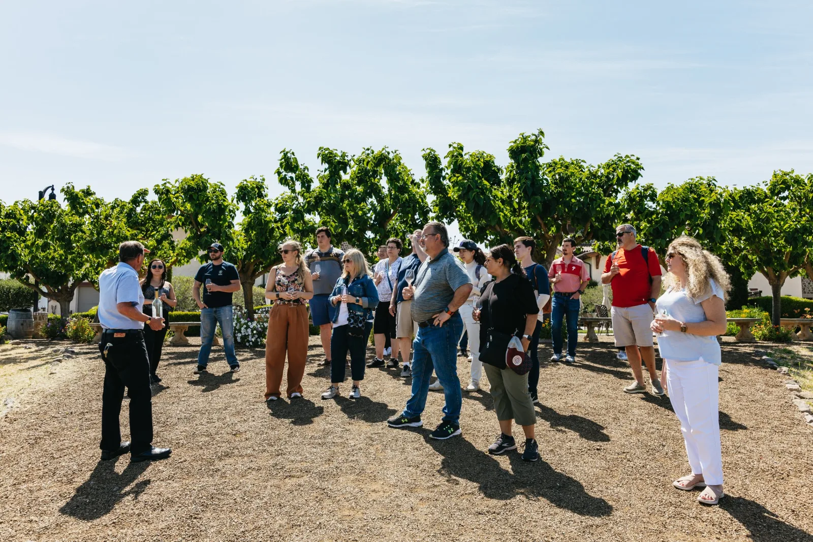 Tour group listening to a winery guide in a sunlit courtyard