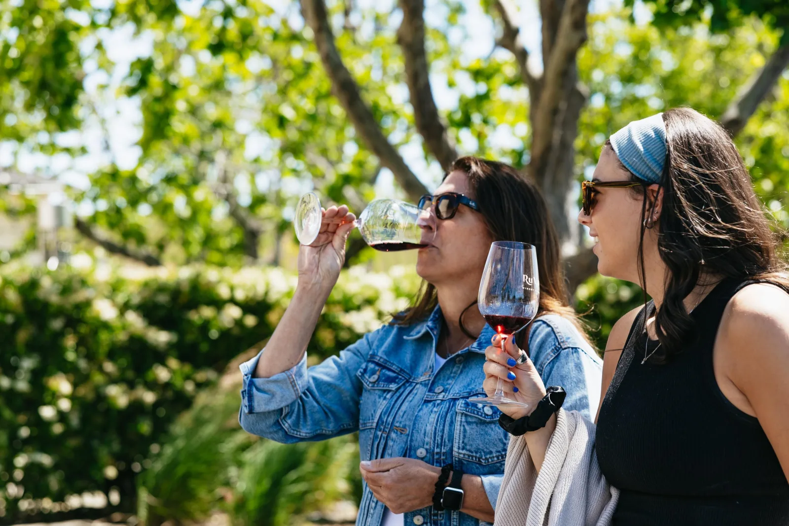 Two guests tasting red wine together outdoors on a sunny day