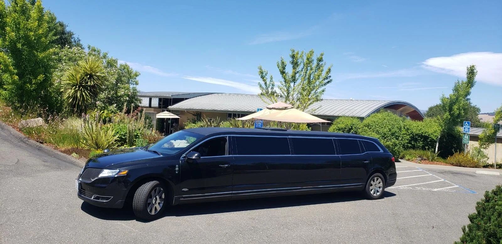 Black stretch limousine parked outside a Napa Valley winery